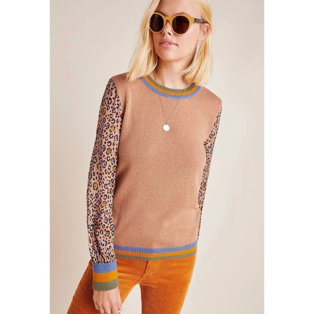 Anthro Conditions Apply Celina Knit Animal Print cashmere Sweater Womens Size sm
